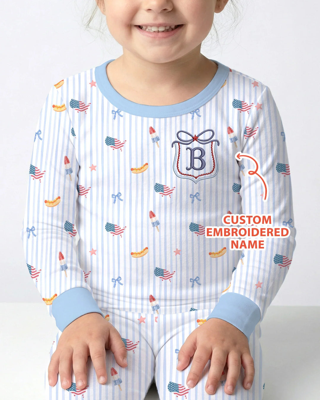 Personalized 4th Of July Embroidered Bamboo Two Piece Long Sleeve Pajama Set