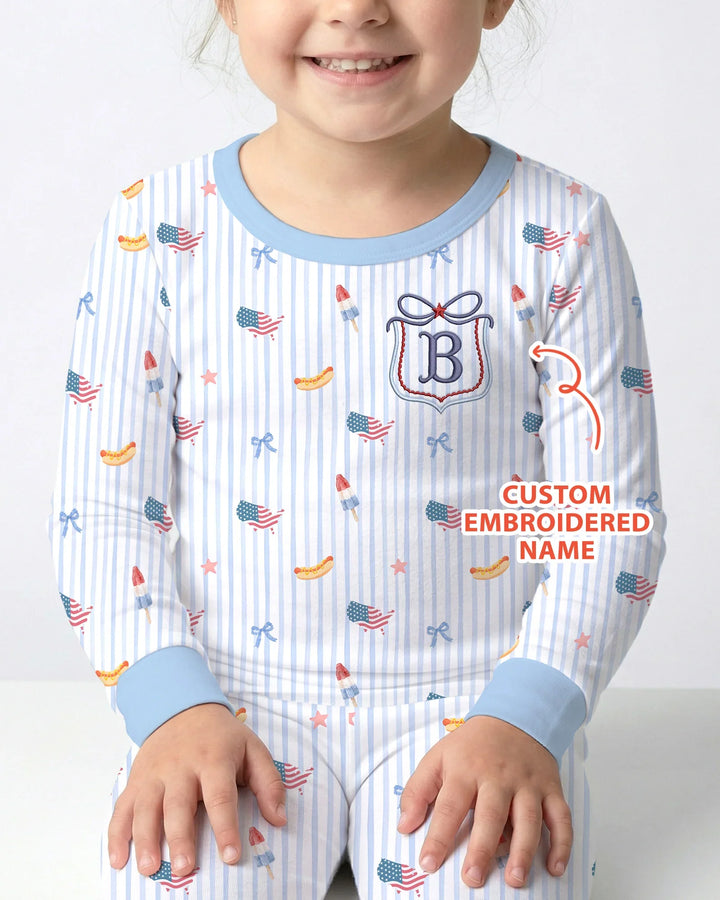 Personalized 4th Of July Embroidered Bamboo Two Piece Long Sleeve Pajama Set