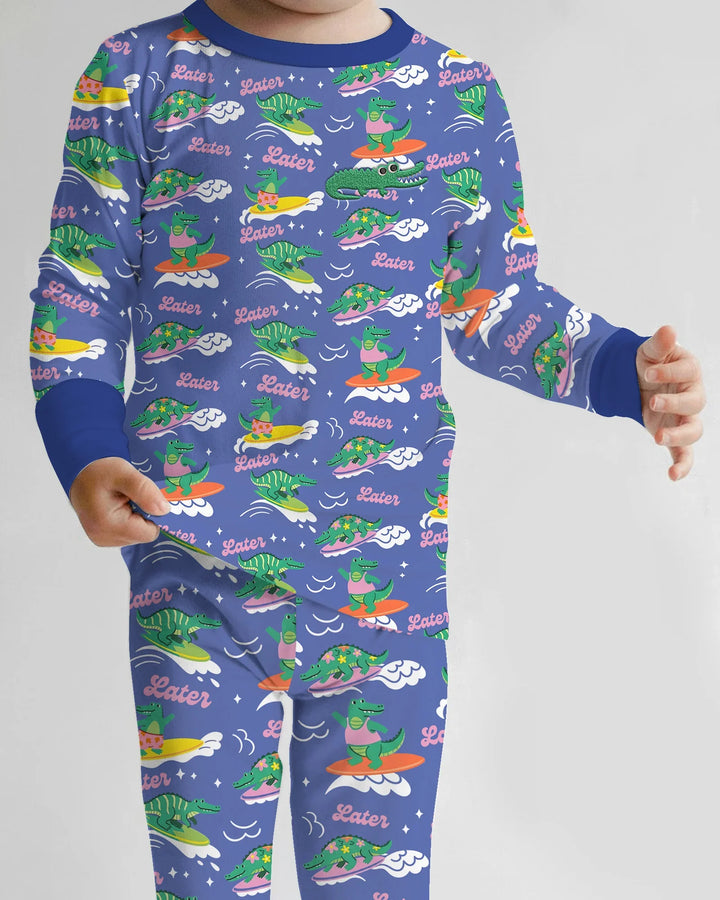 Conjunto de pijama de dos piezas de bambú de manga larga con cocodrilo bordado para verano