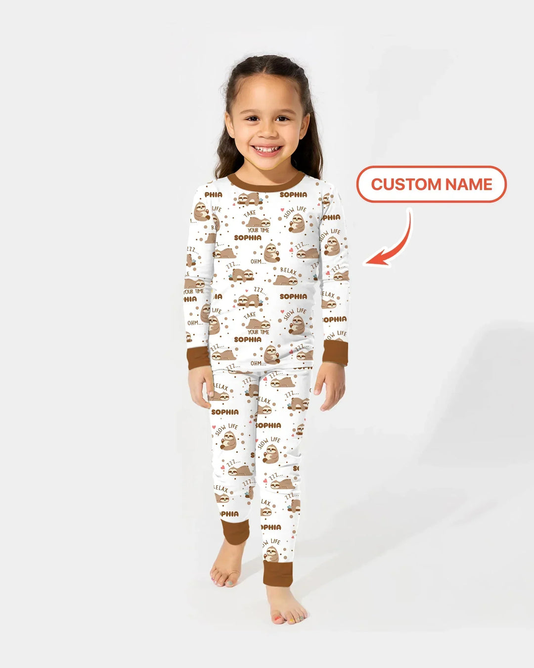 Custom Name Cute Sloth Two Piece Long Sleeve Pajama Set