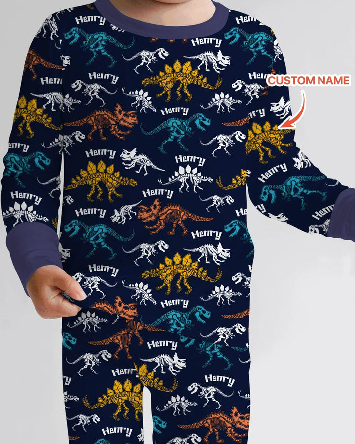 Dino Bones Parade Custom Name Two Piece Long Sleeve Pajama Set