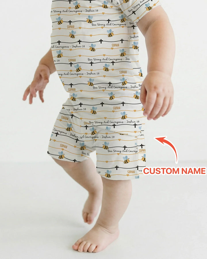 Bee Strong And Courageous Custom Name Bamboo Two Piece Short Sleeve Shorts Pajama Set