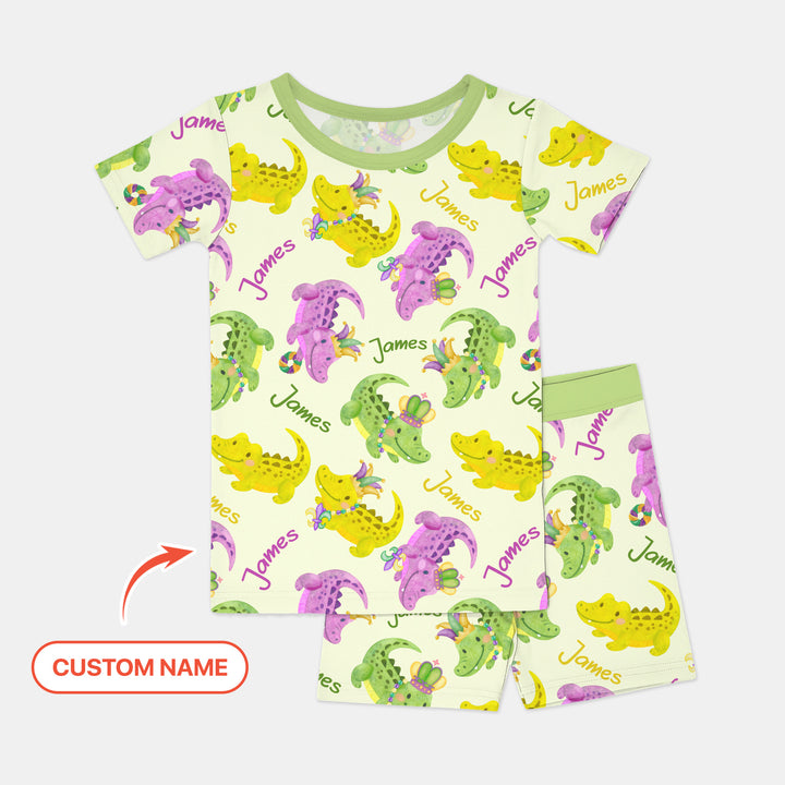 Custom Name Mardi Gras Alligator Two Piece Short Sleeve Shorts Pajama Set