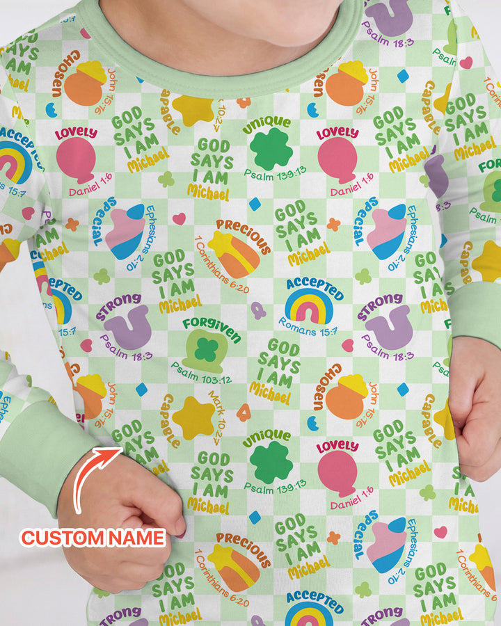 God Says I Am St. Patrick’s Day Custom Name Family Matching Two Piece Long Sleeve Pajama Set