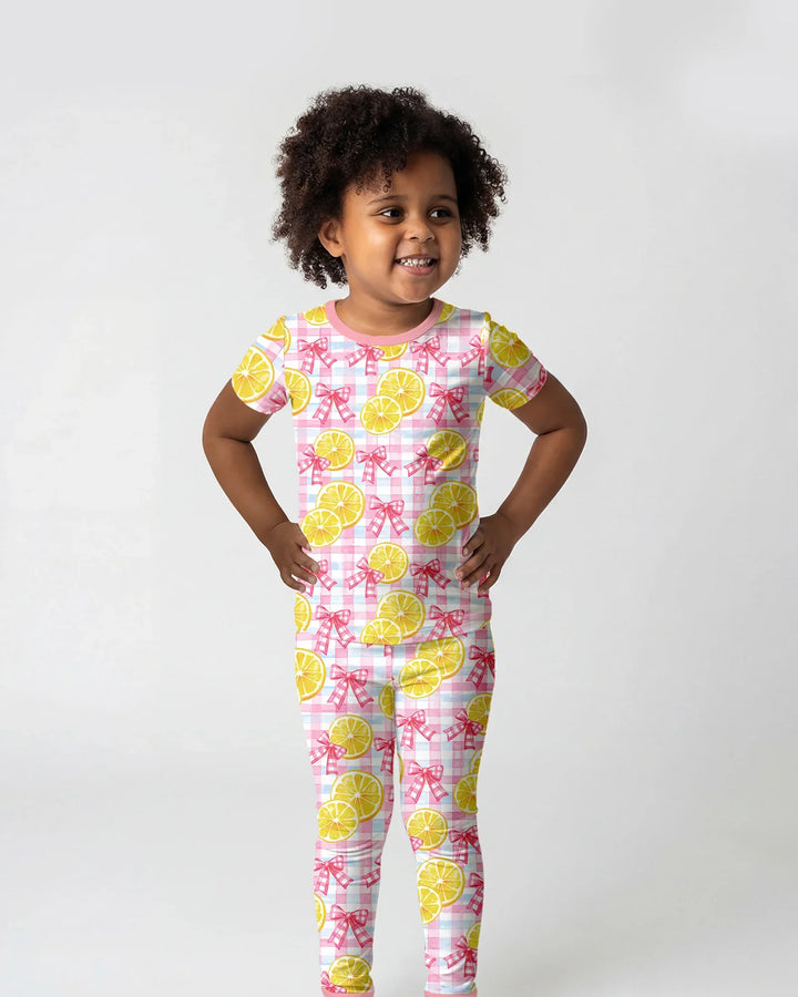 Pink Lemons Bows Checkered Bamboo Two Piece Short Sleeve Pajama Set