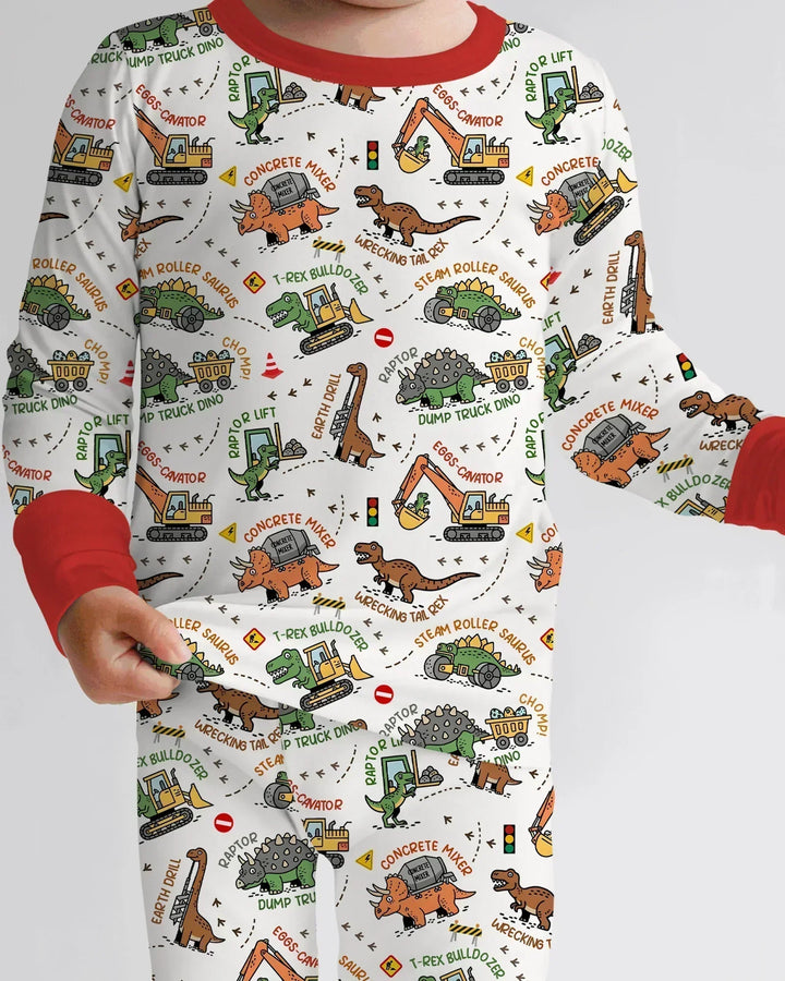 Dinosaur Construction Truck Bamboo Two Piece Long Sleeve Pajama Set