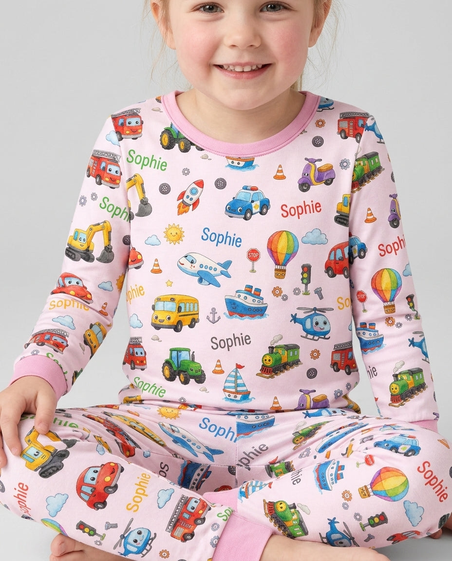Custom Name Cute Transport Bamboo Two Piece Long Sleeve Pajama Set