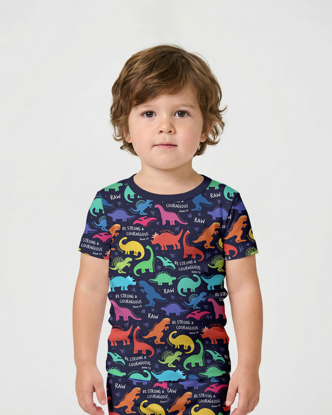 Be Strong and Courageous Dinosaur Christian Bamboo Two Piece Short Sleeve Shorts Pajama Set