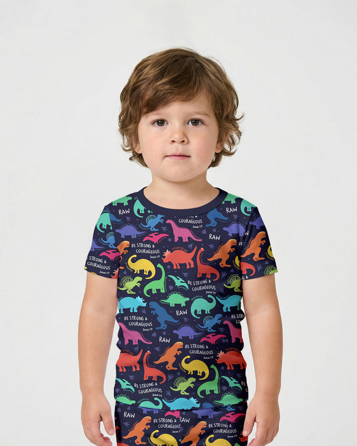 Be Strong and Courageous Dinosaur Christian Bamboo Two Piece Short Sleeve Shorts Pajama Set