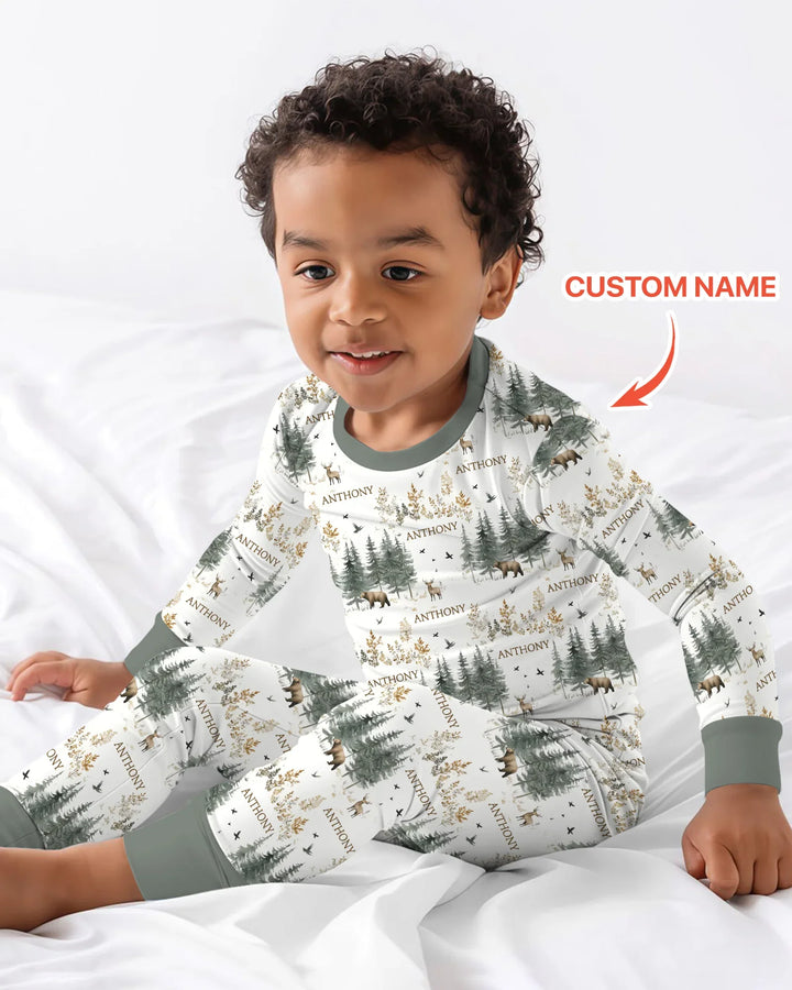 Custom Name Forest Bear Deer Bamboo Two Piece Long Sleeve Pajama Set