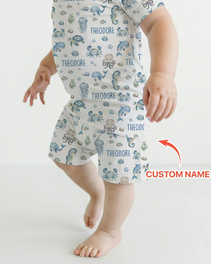 Custom Name Ocean Friends  Bamboo Two Piece Short Sleeve Shorts Pajama Set