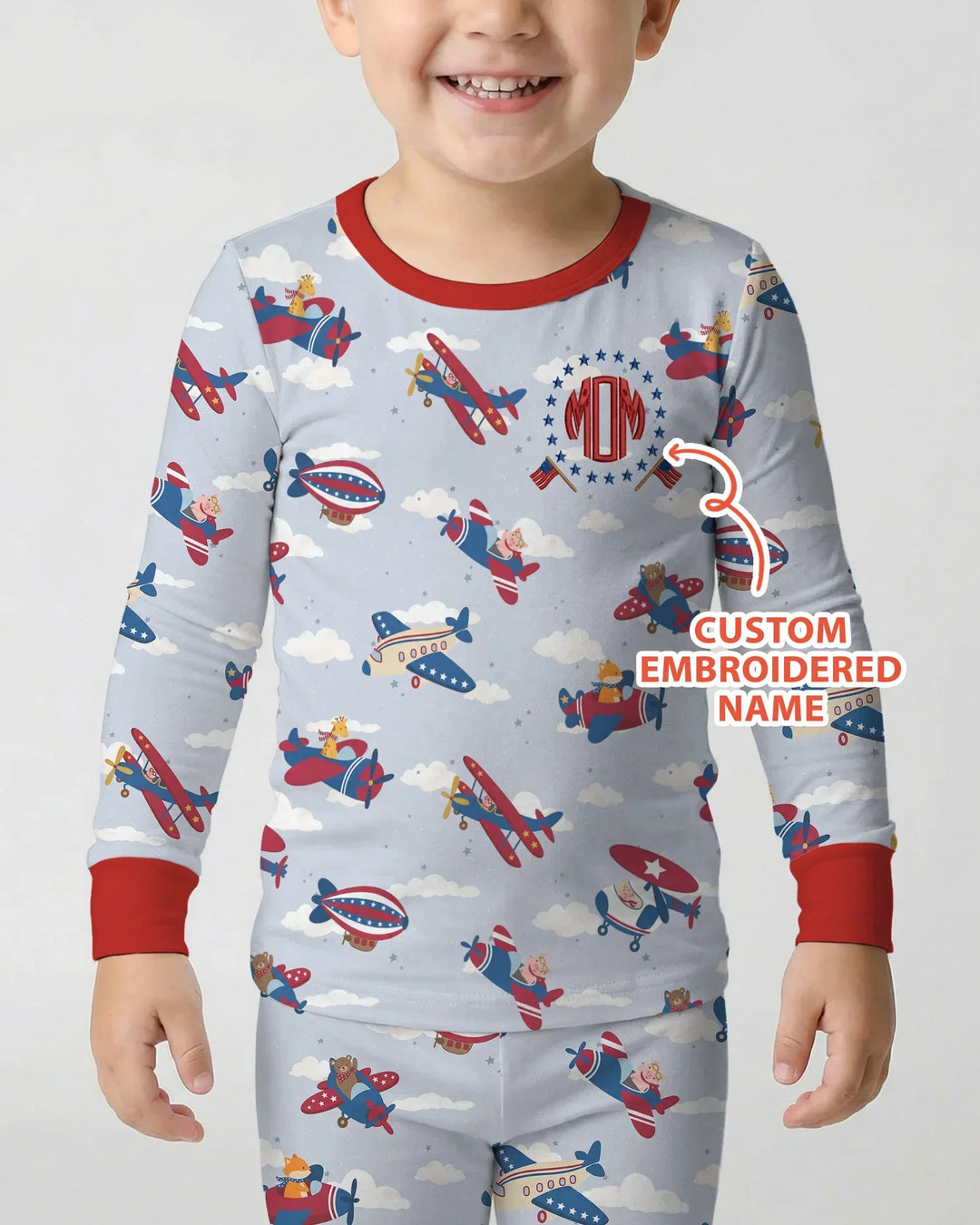Custom Name Embroidered American Pilot  Bamboo Two Piece Long Sleeve Pajama Set