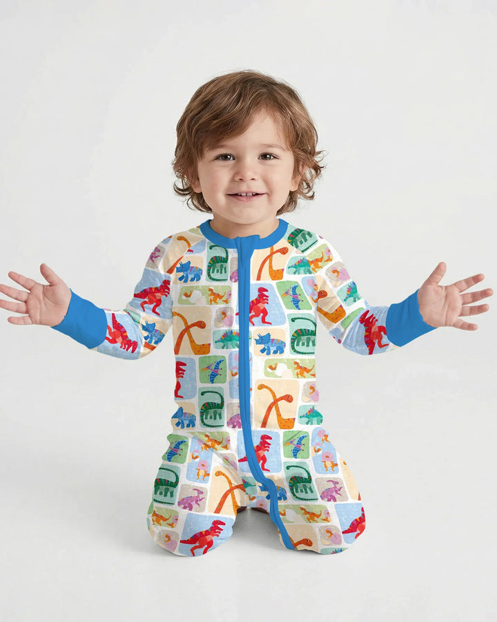 Pijama enterizo de bambú convertible Rainbow Dino Friends a juego para toda la familia