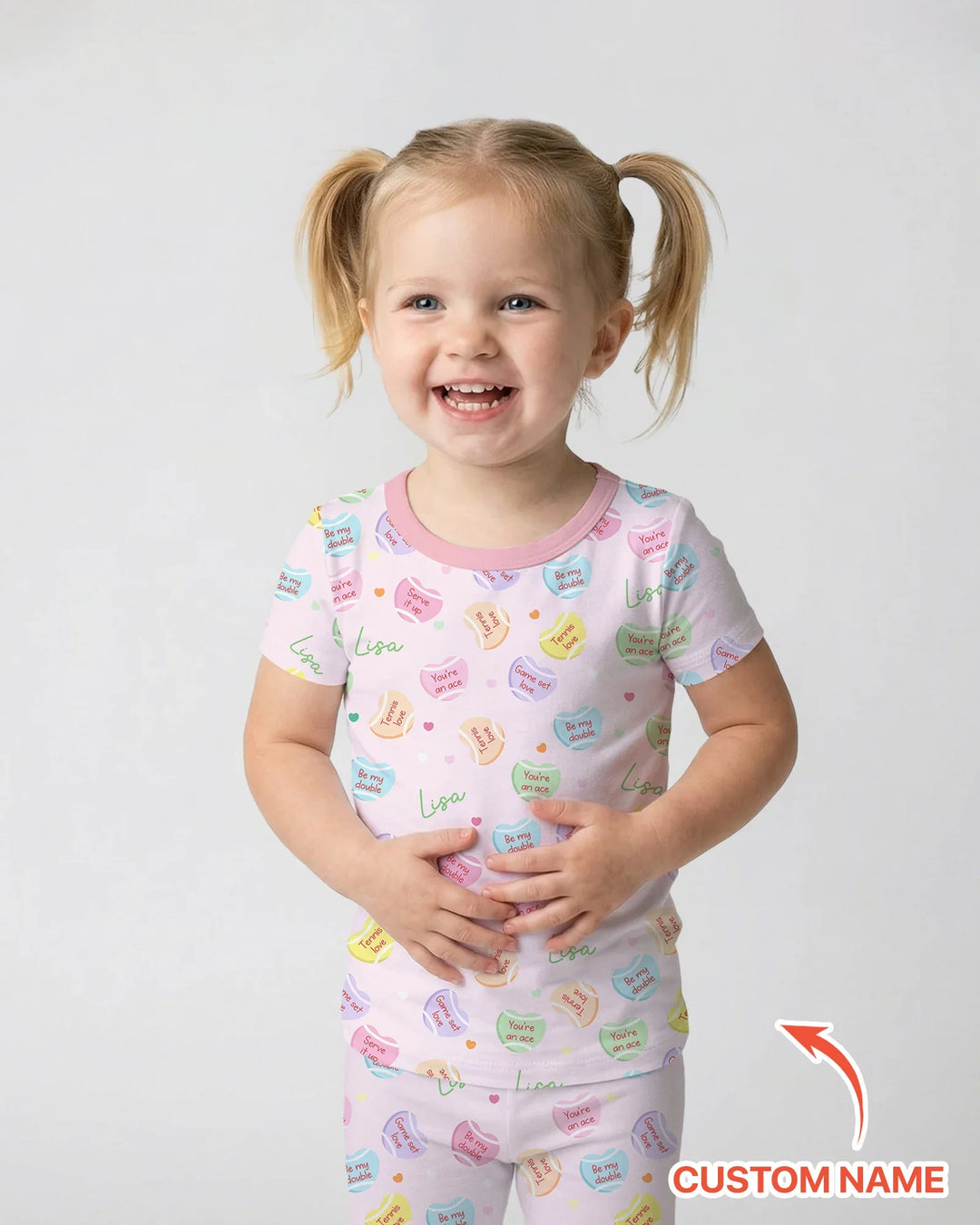 Custom Name Tennis Candy Hearts Bamboo Two Piece Short Sleeve Pajama Set