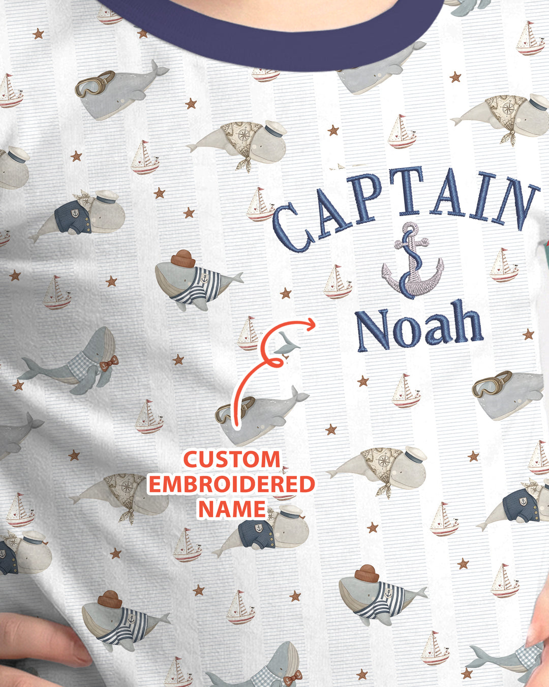Custom Embroidered Name Little Captain of the Whale Crew Bamboo Two Piece Long Sleeve Pajama Set