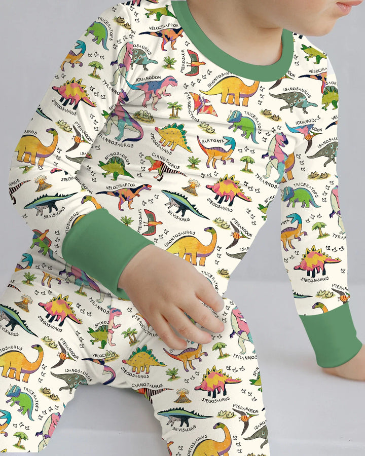 Conjunto de pijama de bambú de dos piezas de manga larga con estampados de dinosaurios