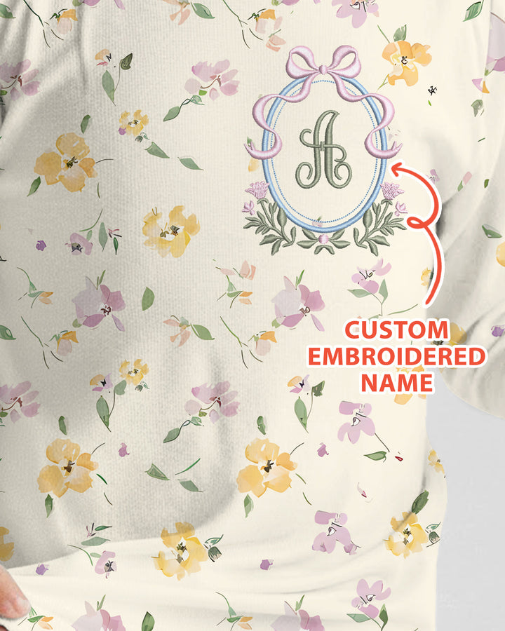 Custom Embroidered Name Floral Bamboo Two Piece Long Sleeve Pajama Set