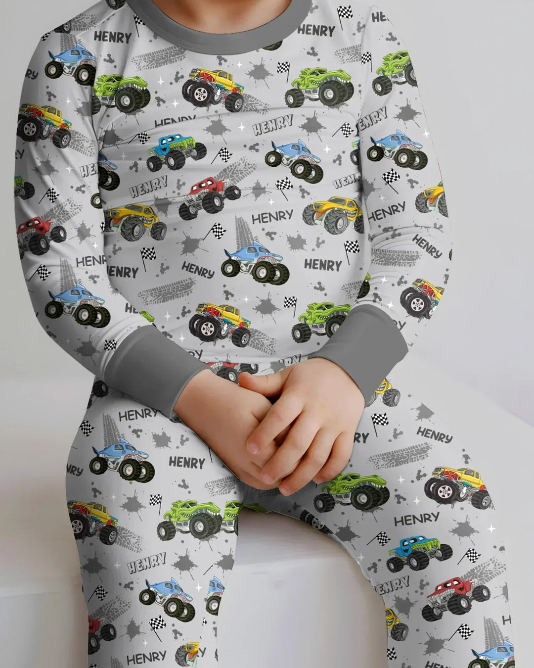 Monster Truck Dirt Jam Custom Name Daddy & Me Matching Two Piece Long Sleeve Pajama Set