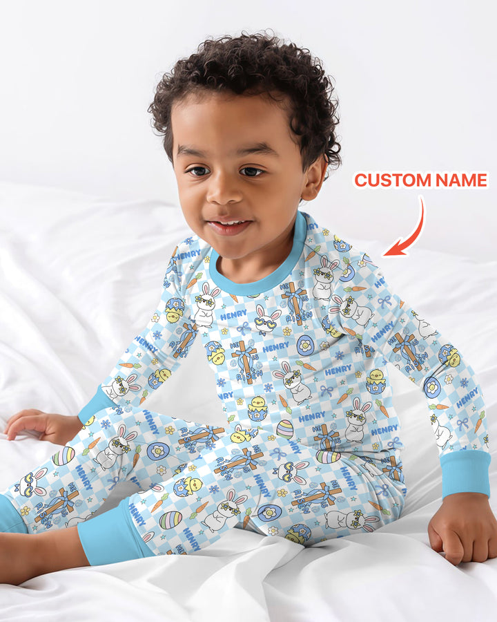 Custom Name Retro Easter Two Piece Long Sleeve Pajama Set