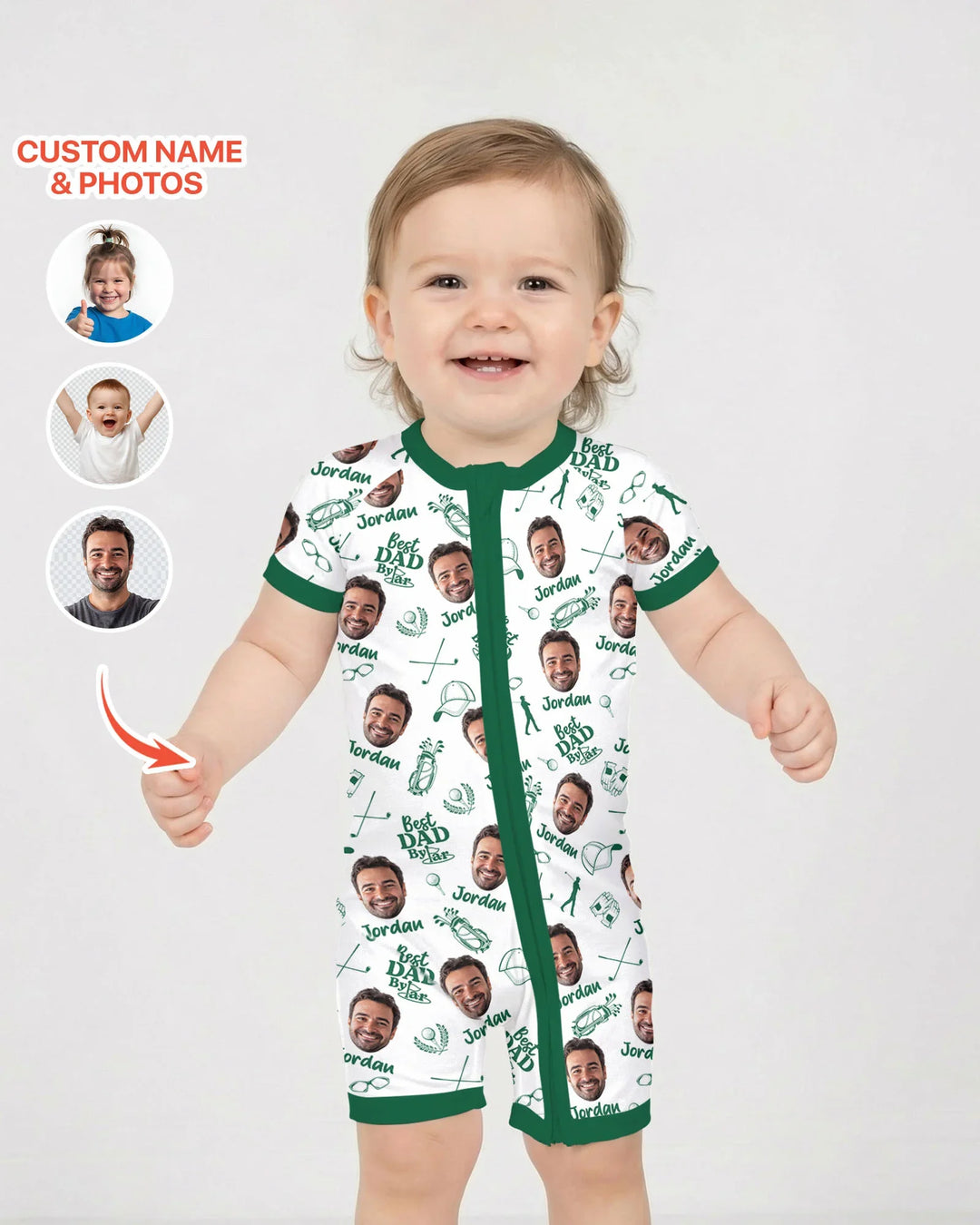 Mono de bambú corto con cremallera "Mejor papá por mucho" con foto personalizada