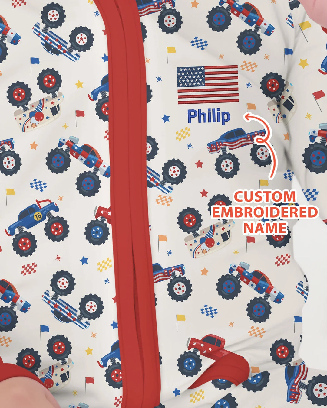Custom Name Embroidered Red White & Truck Bamboo Convertible Zippy