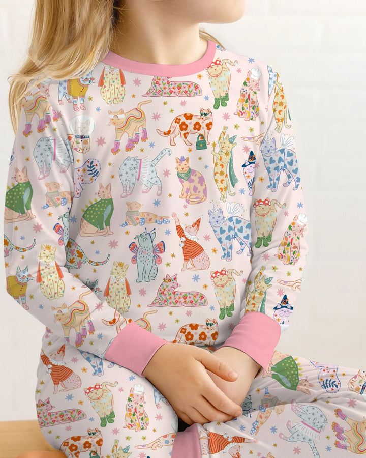 Whimsical Cat Parade Two Piece Long Sleeve Pajama Set