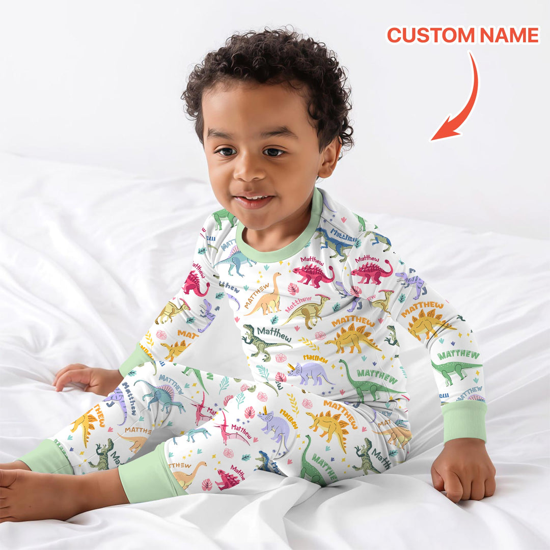 Dino Roar Custom Name Two Piece Long Sleeve Pajama Set