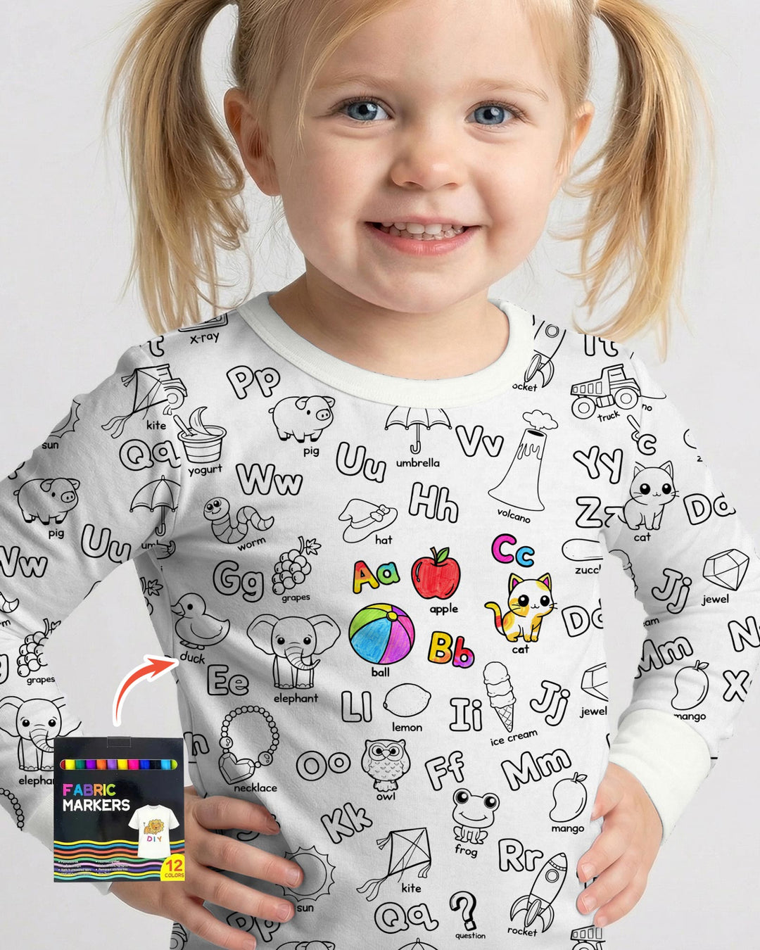 All Colorable Alphabet Two Piece Long Sleeve Pajama Set