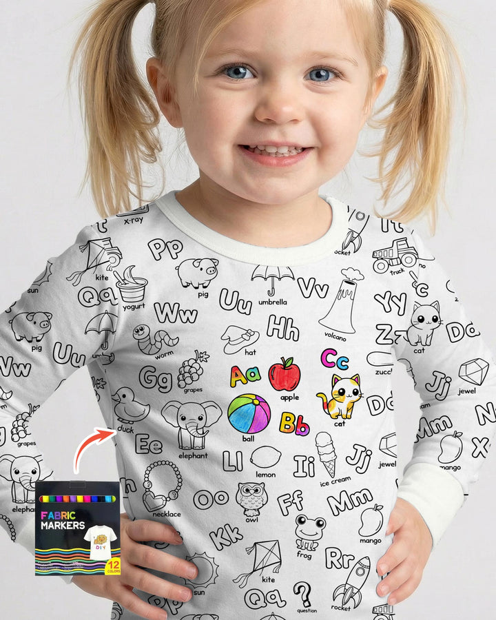 All Colorable Alphabet Two Piece Long Sleeve Pajama Set
