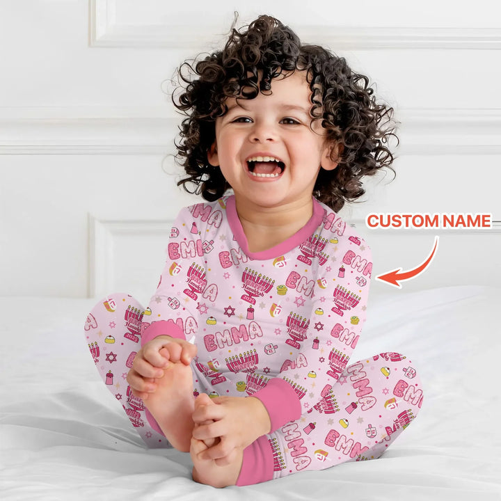 Custom name Happy Hanukkah 2025 Two Piece Long Sleeve Pajama Set