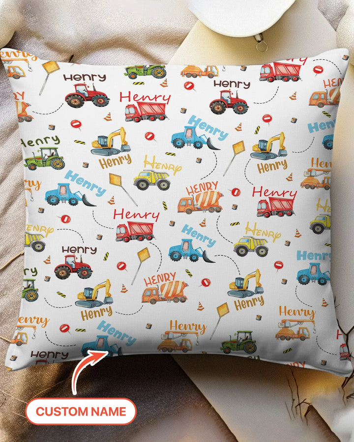 Construction Vehicles Custom Name Pillow Case
