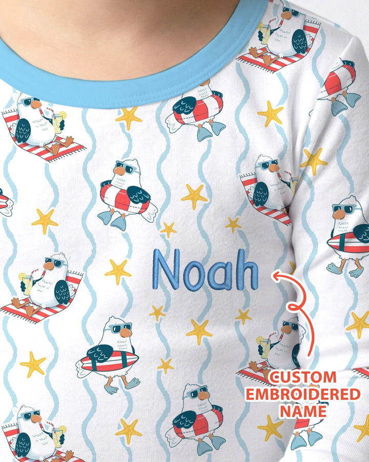 Conjunto de pijama de dos piezas personalizado bordado de bambú para bebé con gaviota veraniega y manga larga