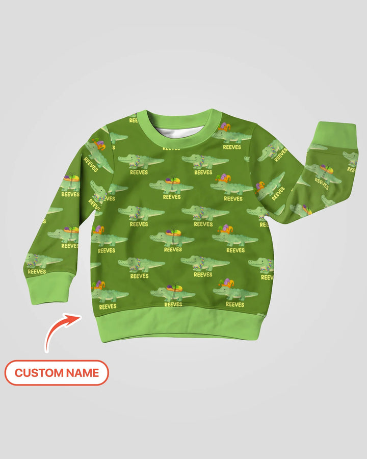 Custom Name Mardi Gras Gator Crewneck Sweatshirt