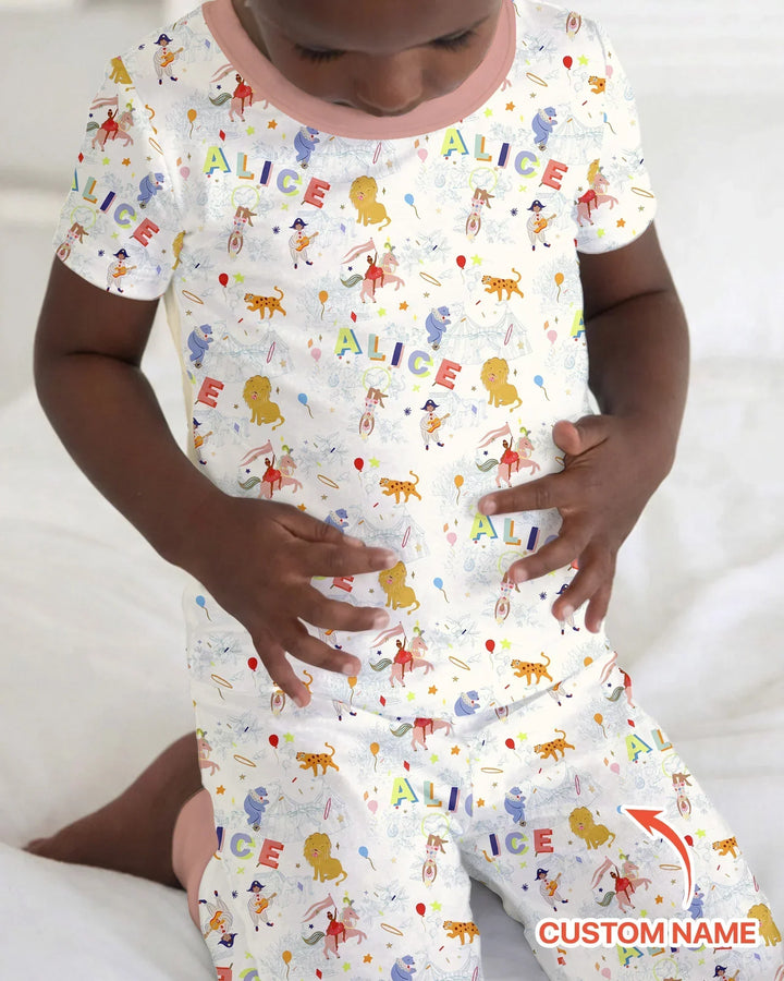 Custom Name Circus Toile Bamboo Two Piece Short Sleeve Pajama Set