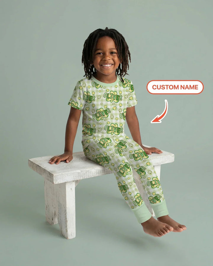 Lucky Shamrock Custom Name Two Piece Short Sleeve Pajama Set