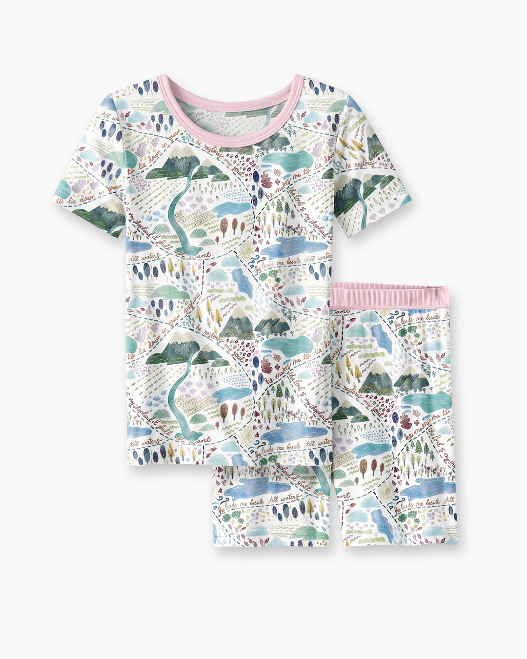Whimsical Psalms 23 Map Bamboo Two Piece Short Sleeve Shorts Pajama Set