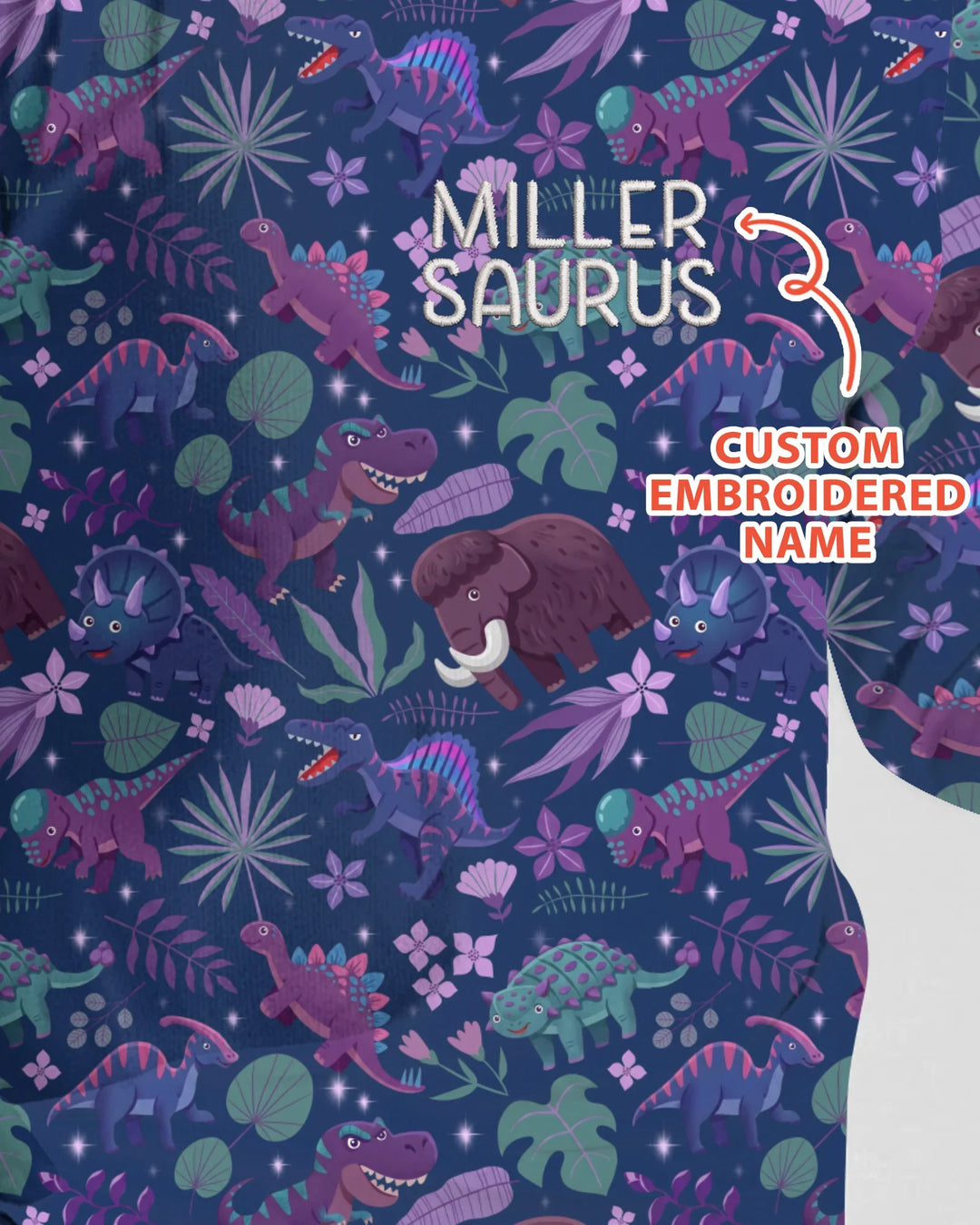 Conjunto de pijama de dos piezas de bambú de manga larga Dino Dream Night bordado con nombre personalizado