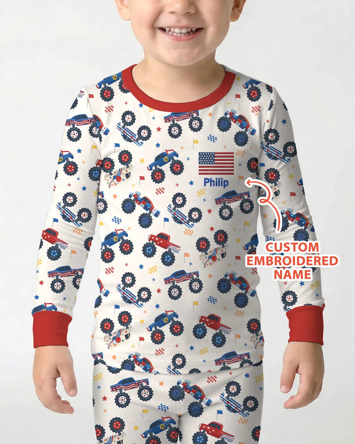Custom Name Embroidered Red White & Truck Bamboo Two Piece Long Sleeve Pajama Set