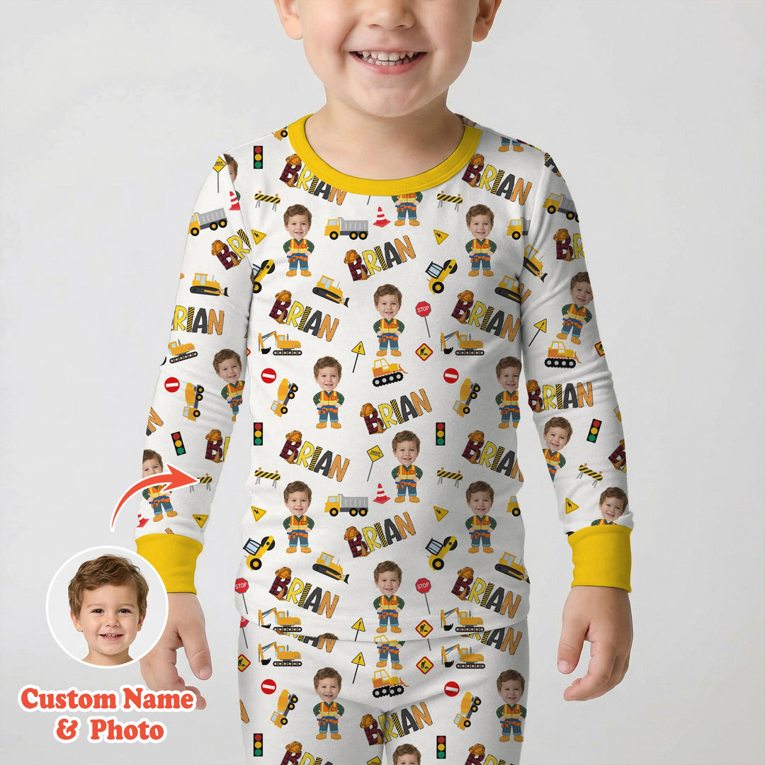 Custom Photo Doodle Little Builder Two Piece Long Sleeve Pajama Set