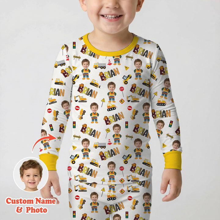 Custom Photo Doodle Little Builder Two Piece Long Sleeve Pajama Set