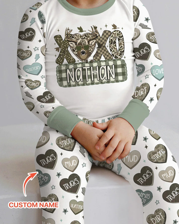 Personalized Hunting Sweethearts Candy Daddy & Me Matching Two Piece Long Sleeve Pajama Set