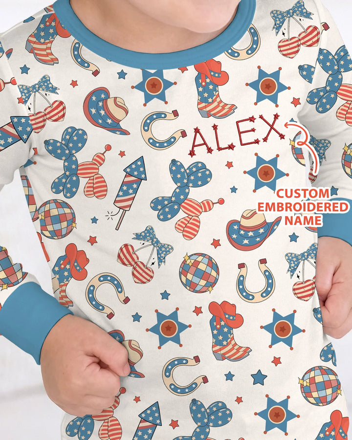 Custom Name Embroidered Howdy 4th Of July Bamboo Two Piece Long Sleeve Pajama Set