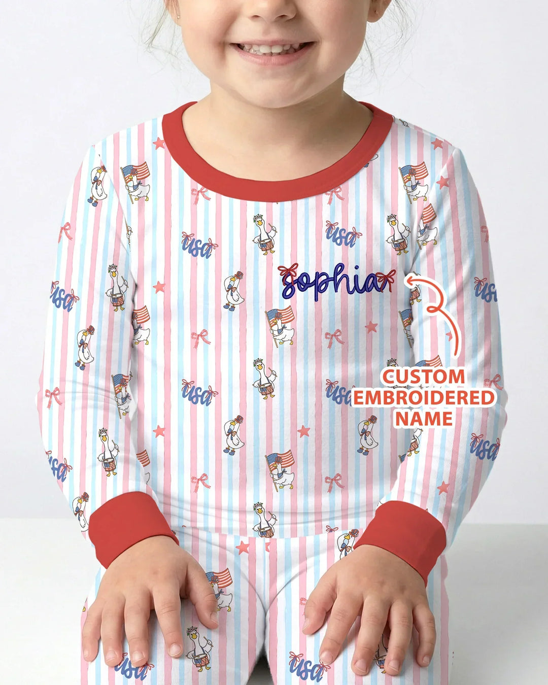Personalized Cute Goose America 250 Embroidered Bamboo Two Piece Long Sleeve Pajama Set