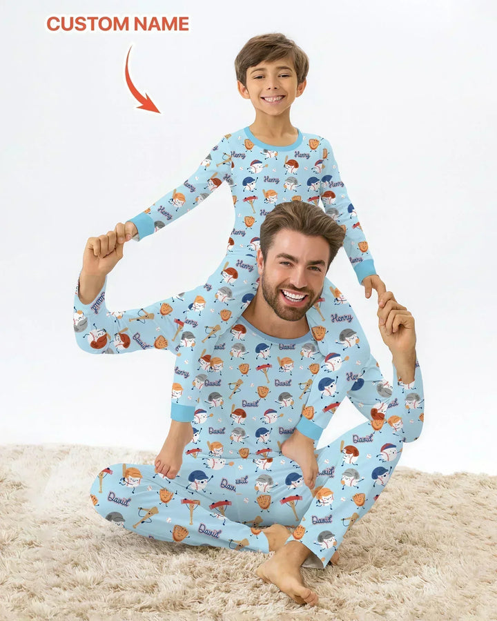 Custom Name Ballparl Family Matching Bamboo Two Piece Long Sleeve Pajama Set