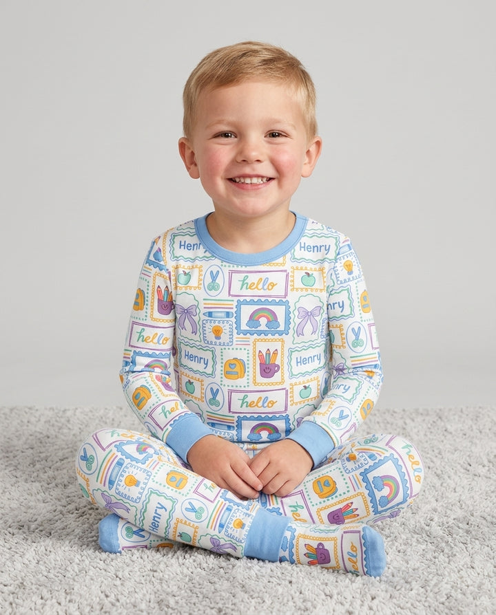 Custom Name Hello School Bamboo Two Piece Long Sleeve Pajama Set