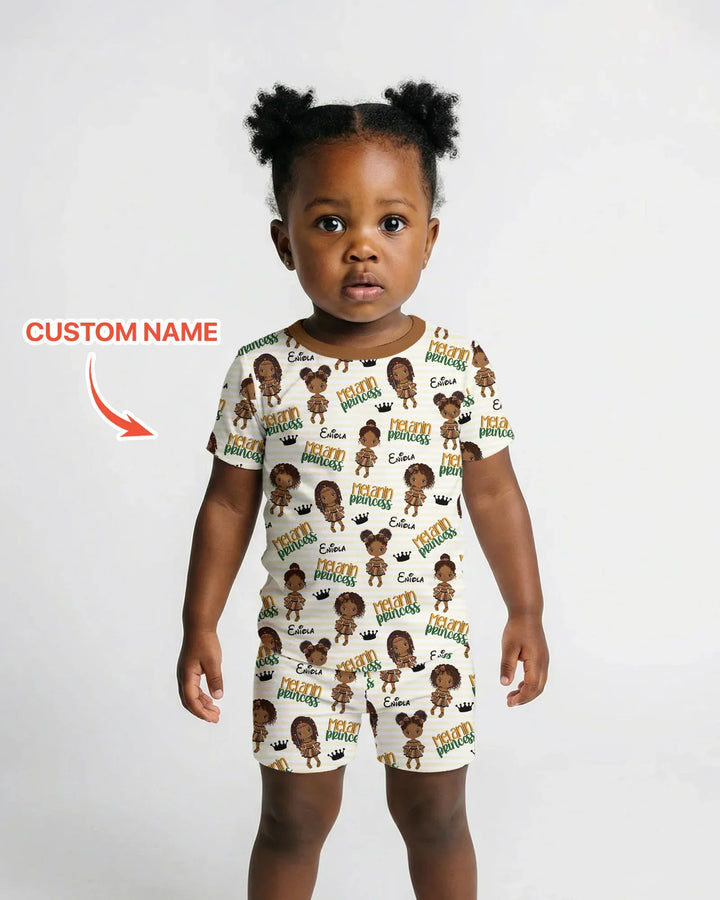 Pijama de dos piezas de bambú con nombre personalizado, "Princesa Melanin", manga corta y pantalón corto