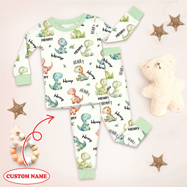 Dinosaur Custom Name Two Piece Long Sleeve Pajama Set