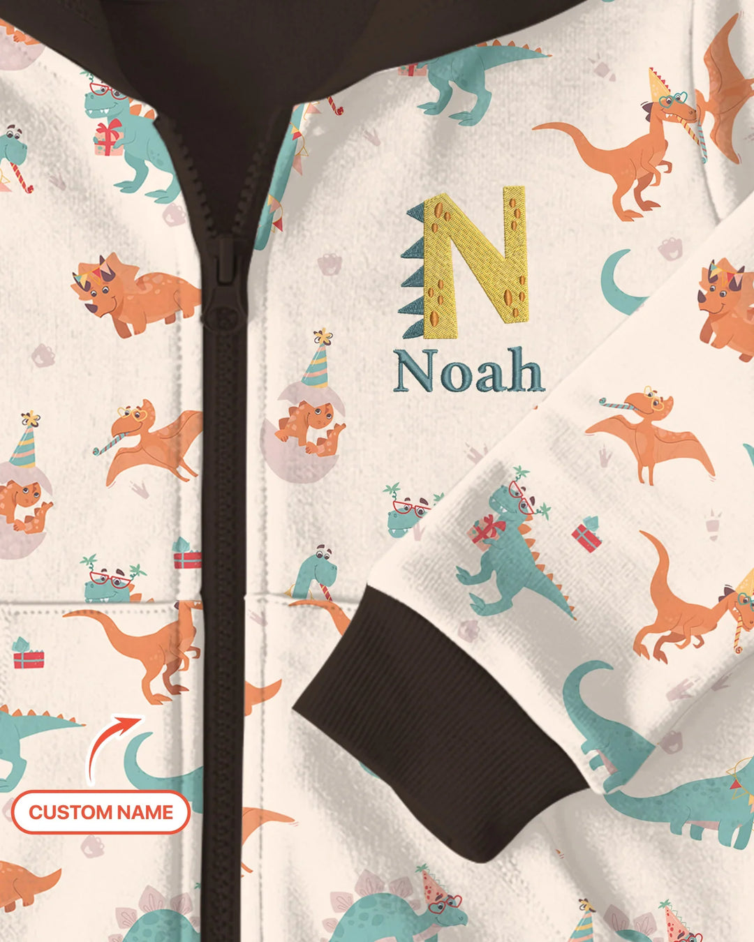Sudadera con capucha de bambú con cremallera y nombre bordado personalizado con dinosaurios