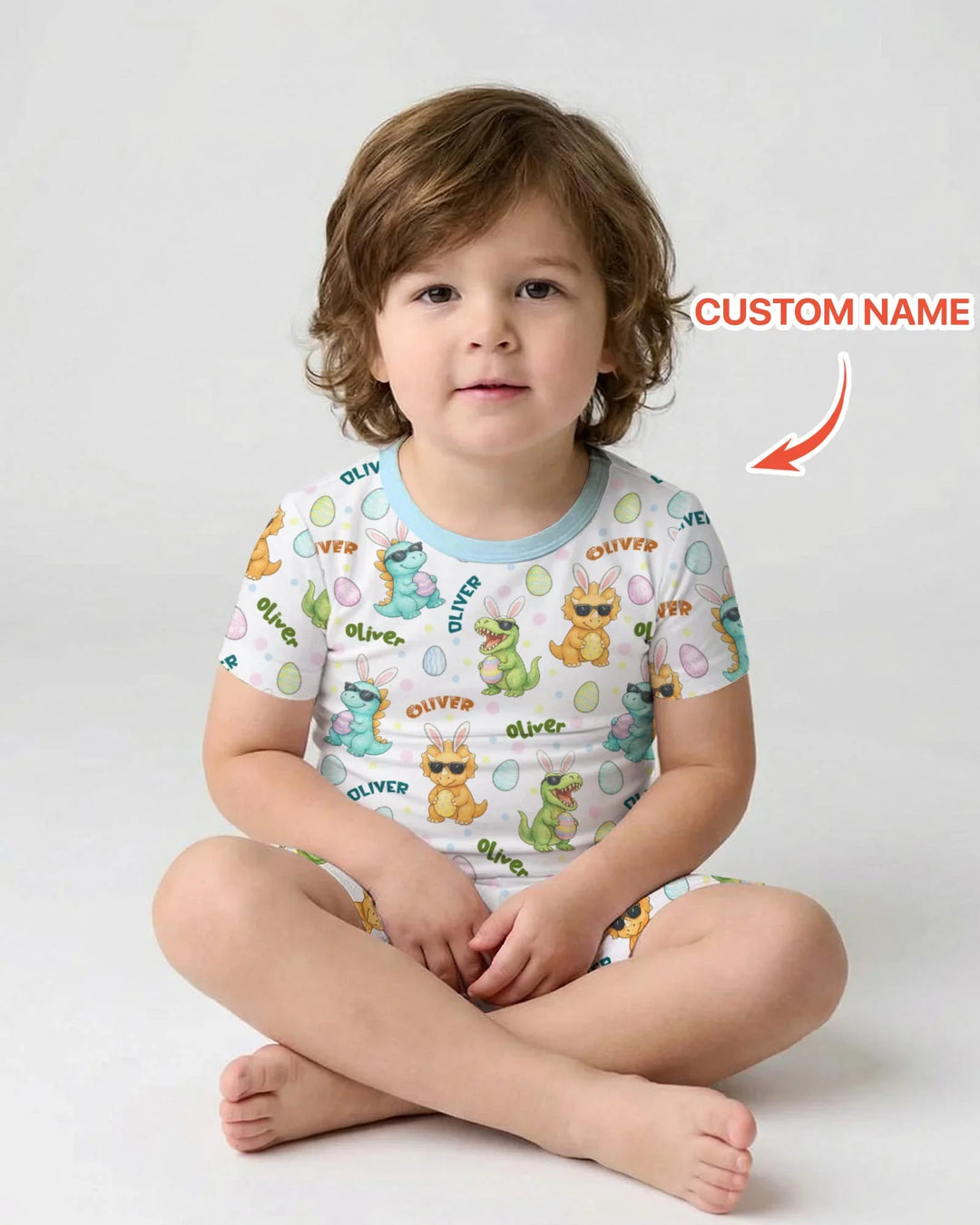 Custom Name Dinosaur on the Hunt Two Piece Short Sleeve Shorts Pajama Set