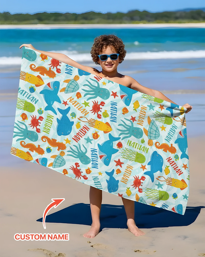 Custom Name Sea Life Kid Beach Towel